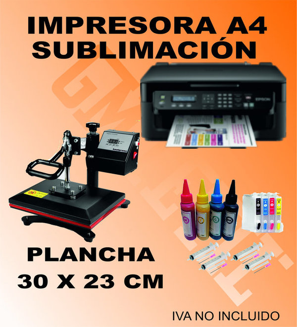 IMPRESORA A4 + KIT SUBLIMACIÓN  + PLANCHA 30 X 23 CM